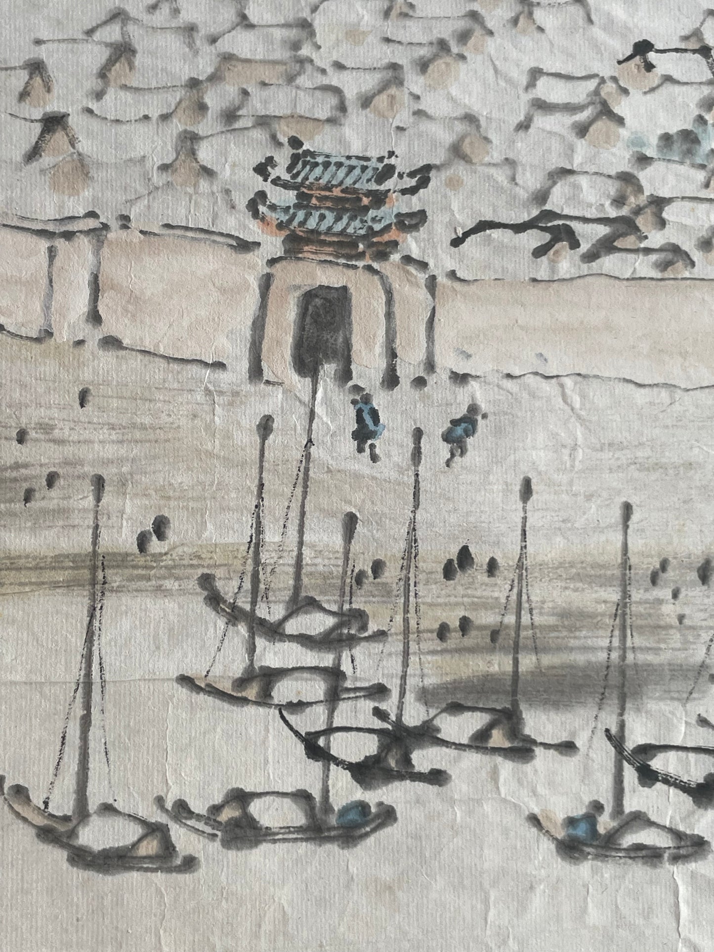 1920–1950 Ink Painting Kanemochi Landscape with Harbor and Temple by Kanemochi (Approximately 43X91CM)