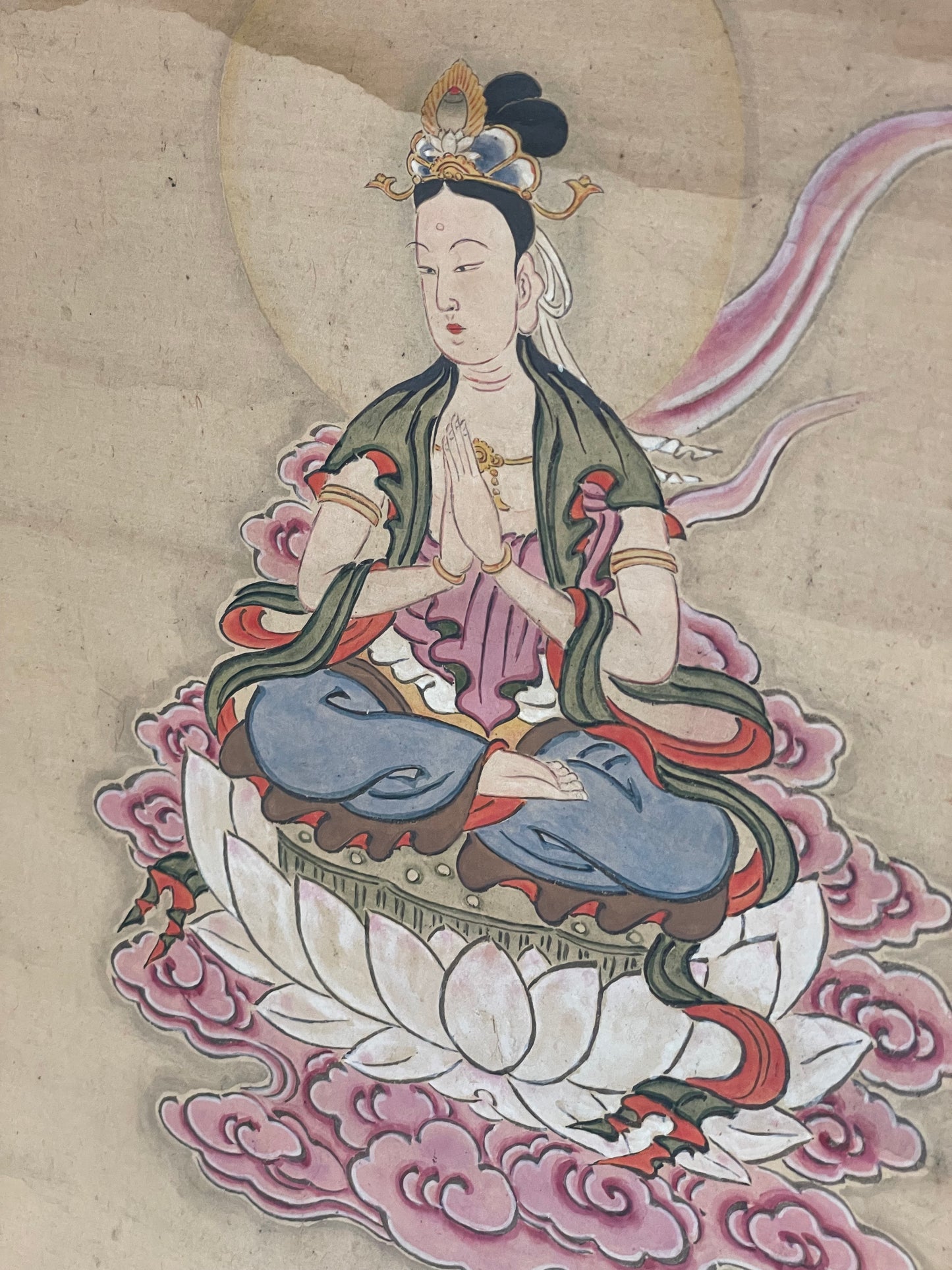1890–1920 Buddhist Hanging Scroll Kannon Bosatsu on a Lotus Throne (観音菩薩図) by Wayōsai (Approximately 34X124CM)