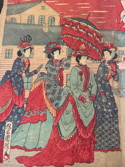 1876 "Imperial Visit to Ueno" National Industrial Exhibition Print by Yoshu Chikanobu. (72X36CM)