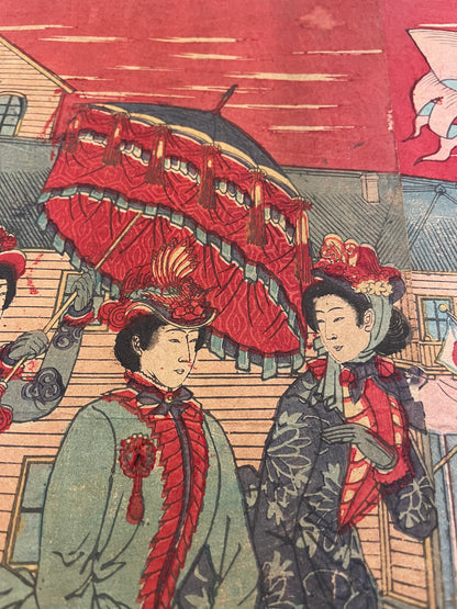 1876 "Imperial Visit to Ueno" National Industrial Exhibition Print by Yoshu Chikanobu. (72X36CM)