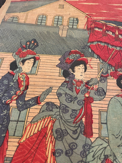1876 "Imperial Visit to Ueno" National Industrial Exhibition Print by Yoshu Chikanobu. (72X36CM)