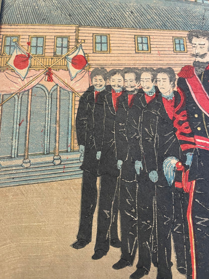 1876 "Imperial Visit to Ueno" National Industrial Exhibition Print by Yoshu Chikanobu. (72X36CM)