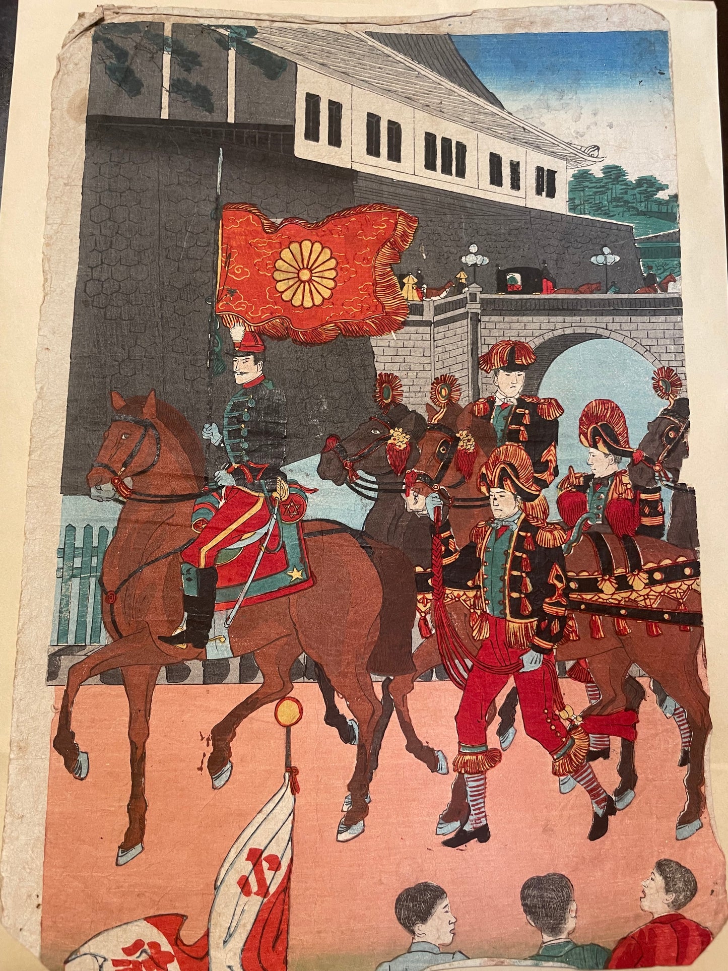 1894-5 "Emperor Meiji Inspects The Cavalry" by Toyohara Chikanobu (Approximately 37X24CM)
