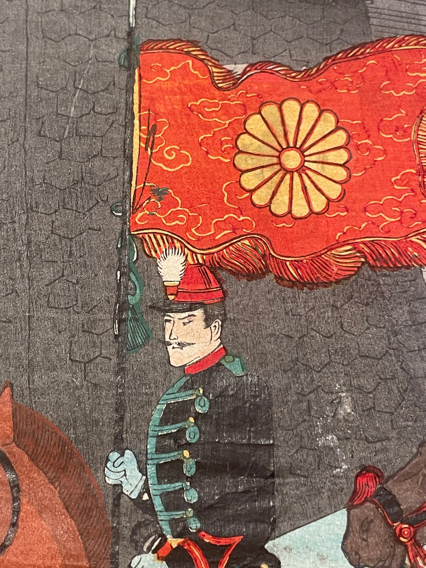 1894-5 "Emperor Meiji Inspects The Cavalry" by Toyohara Chikanobu (Approximately 37X24CM)