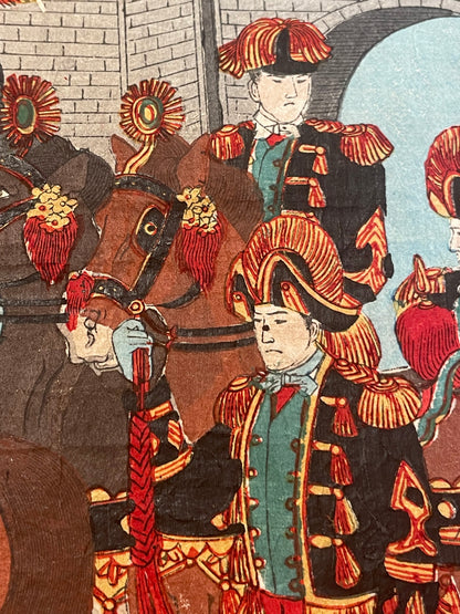 1894-5 "Emperor Meiji Inspects The Cavalry" by Toyohara Chikanobu (Approximately 37X24CM)