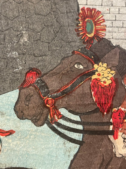 1894-5 "Emperor Meiji Inspects The Cavalry" by Toyohara Chikanobu (Approximately 37X24CM)