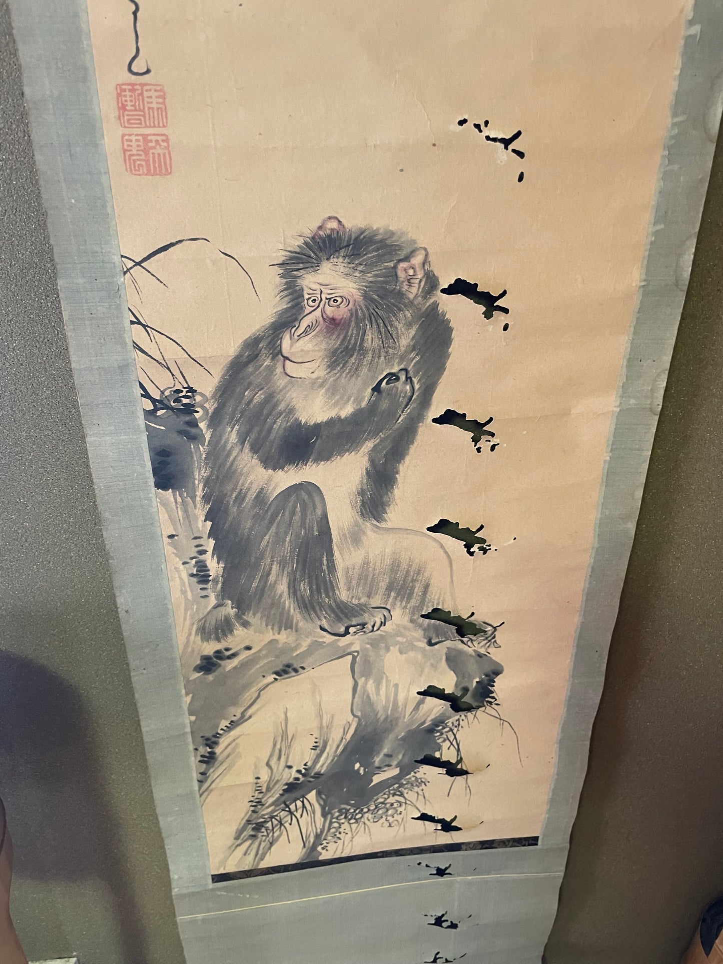 Edo-Meiji Period Kakejiku Scroll Monkey Painting by Kawabata Gyokushō (Approximately 164x37cm)