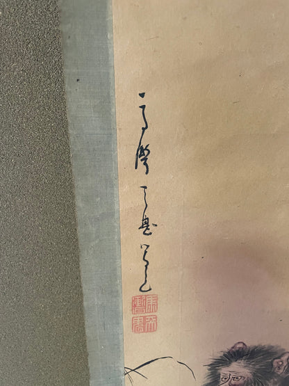 Edo-Meiji Period Kakejiku Scroll Monkey Painting by Kawabata Gyokushō (Approximately 164x37cm)
