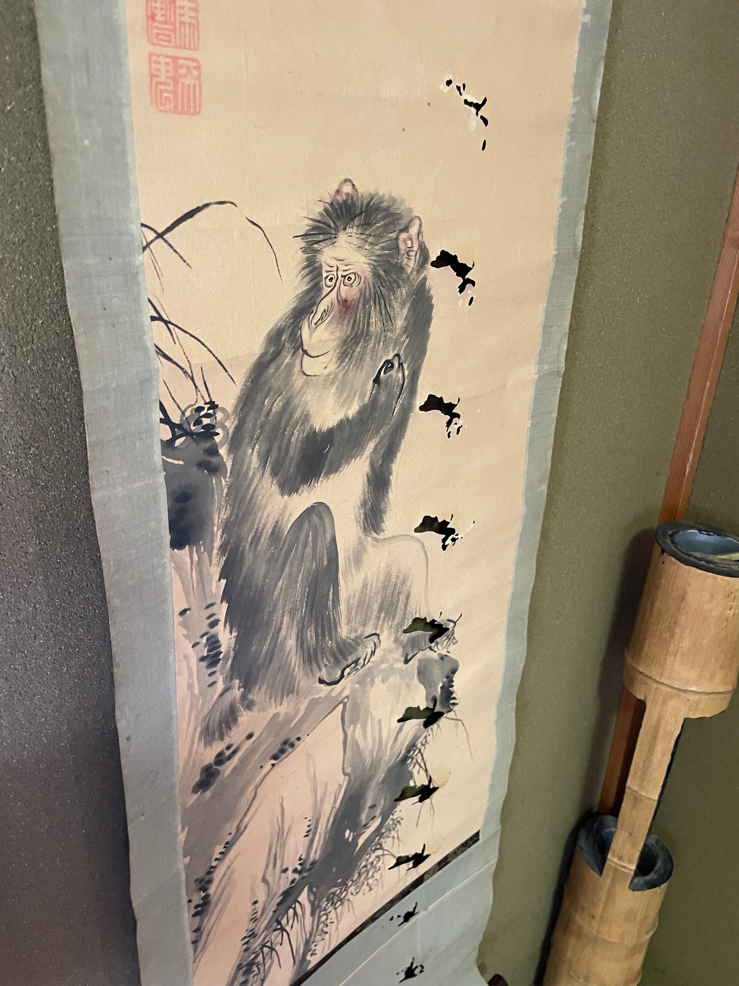 Edo-Meiji Period Kakejiku Scroll Monkey Painting by Kawabata Gyokushō (Approximately 164x37cm)
