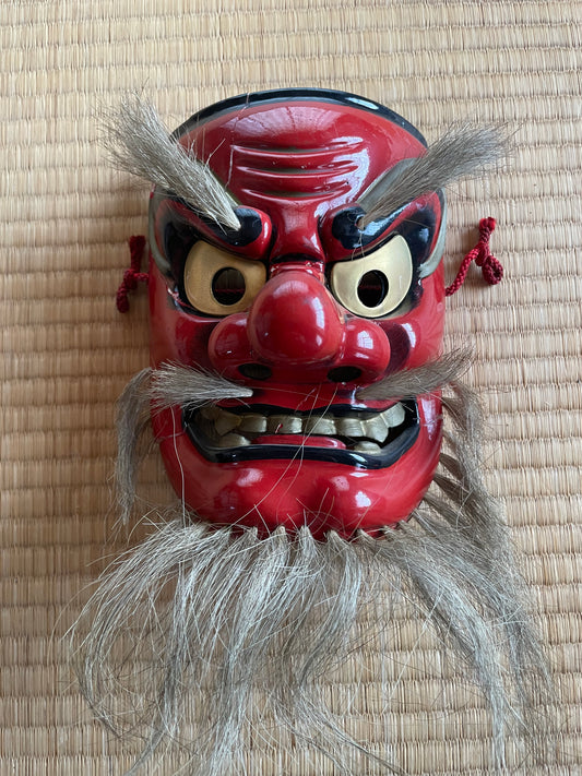 1950-60s Kagura Mask "Sarutahiko-no-Mikoto" Shinto god of Beginnings Signed by Tanabe Seisuke