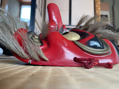 1950-60s Kagura Mask "Sarutahiko-no-Mikoto" Shinto god of Beginnings Signed by Tanabe Seisuke