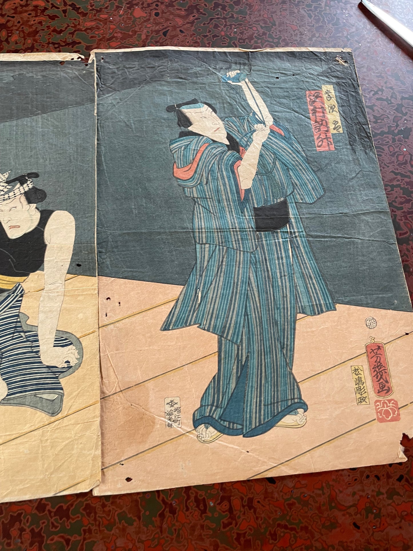 1863 Sandai-banashi Rakugo Scene by Utagawa Yoshiiku (Approx. 35 x 75 cm)