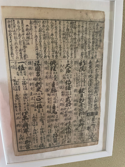 Edo Period Court Rank & Government Offices Reference Chart Woodblock Print  Circa 1760 (23 x 32 cm Framed)