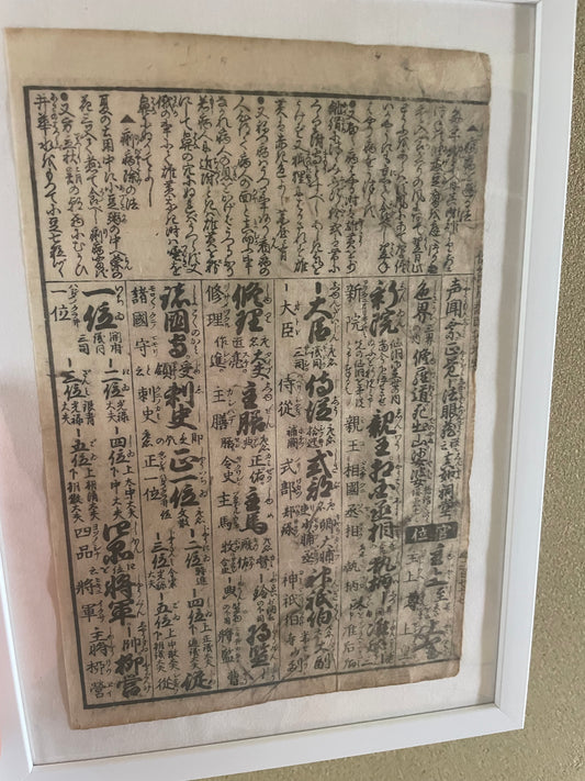 Edo Period Court Rank & Government Offices Reference Chart Woodblock Print  Circa 1760 (23 x 32 cm Framed)