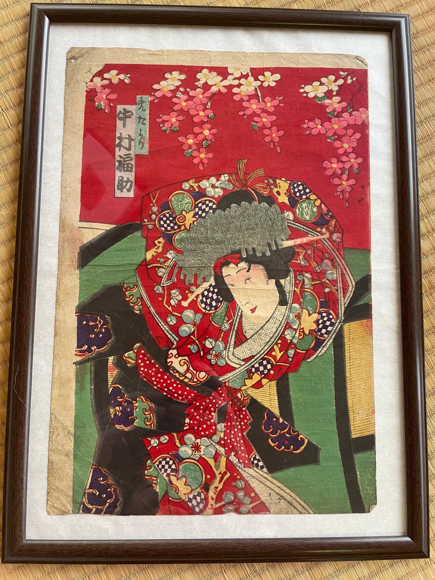 1887 Ukiyo-e Kabuki Portrait-Nakamura Fukusuke as Kamuro Tayori by Toyohara Kunichika (Approximately 37X24Framed)