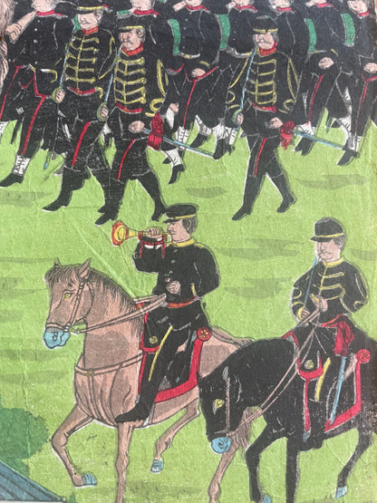 1888 Nagoya Garrison Military Drill at Nagoya Castle – Meiji Modernization Woodblock Print by Hirokuni (25X37CM)