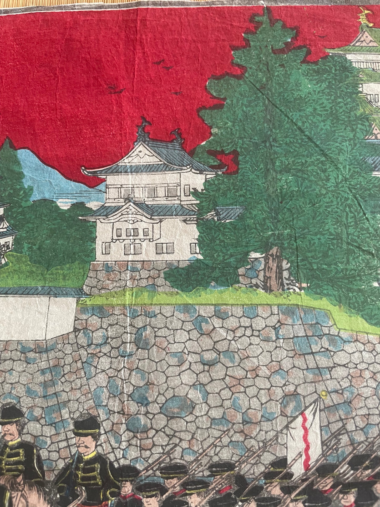 1888 Nagoya Garrison Military Drill at Nagoya Castle – Meiji Modernization Woodblock Print by Hirokuni (25X37CM)