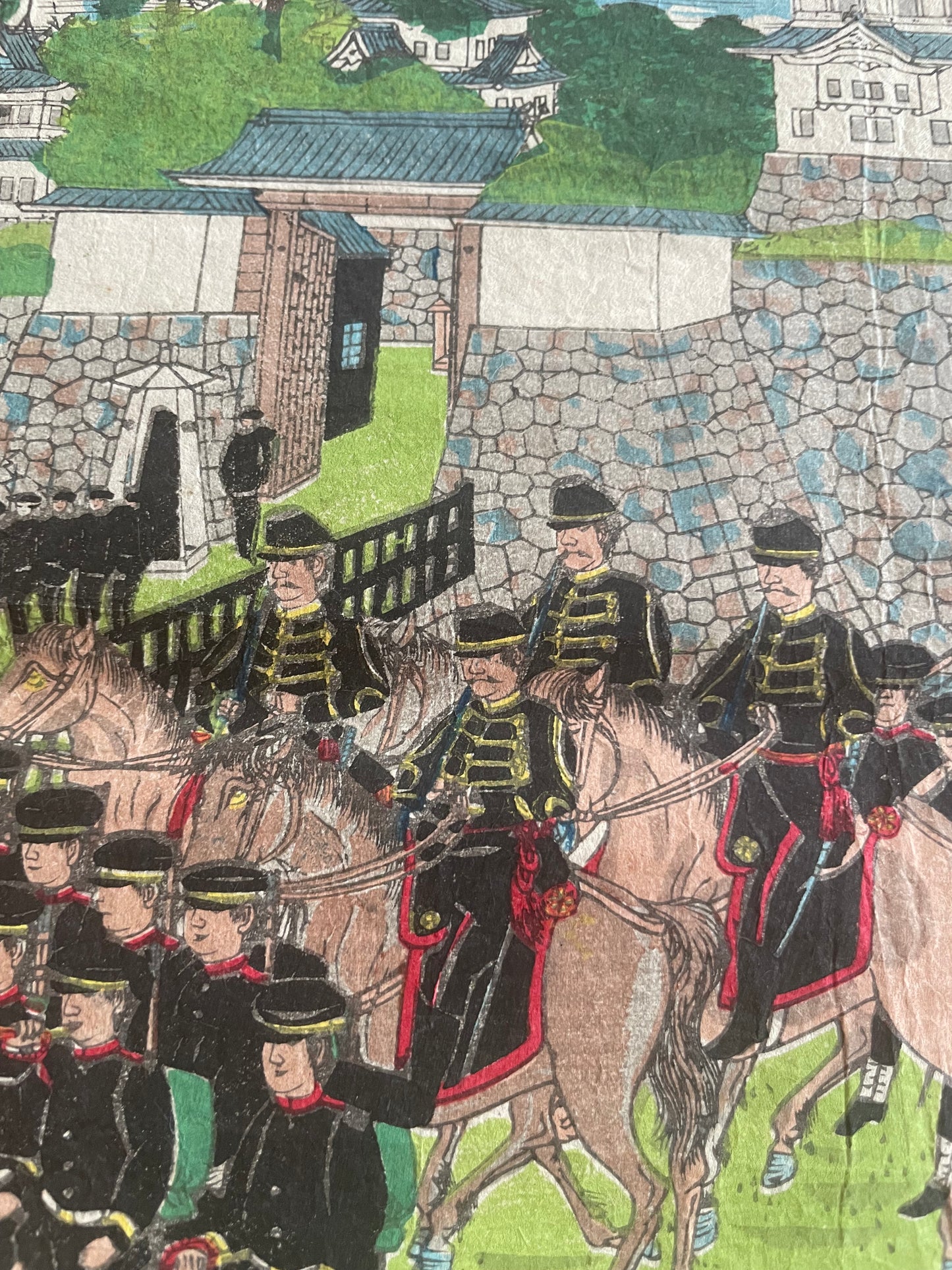 1888 Nagoya Garrison Military Drill at Nagoya Castle – Meiji Modernization Woodblock Print by Hirokuni (25X37CM)