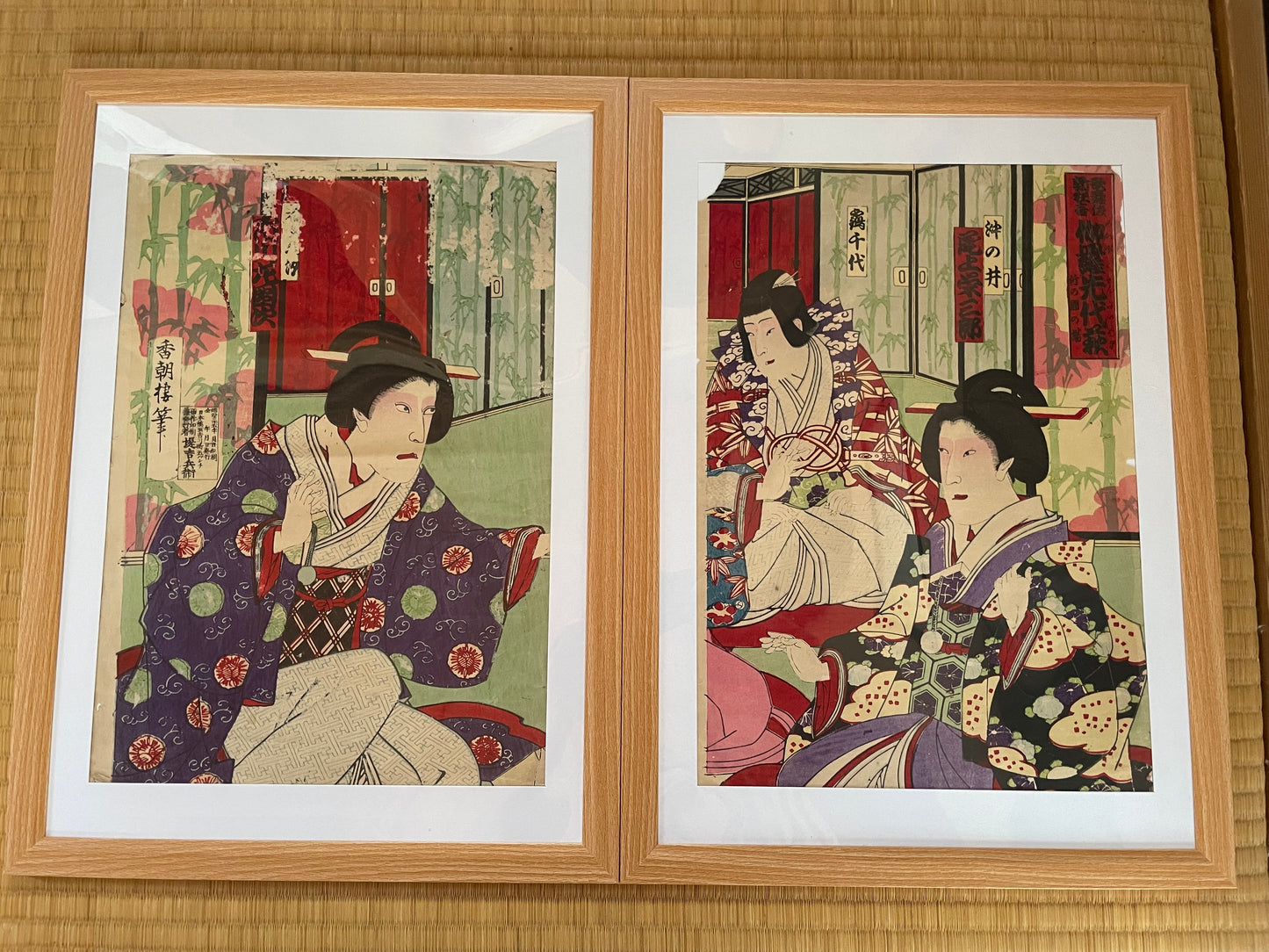 1880 Kabuki Diptych – Kamakura Sandaiki Featuring Onoe Kikugorō V by Toyohara Kunichika (In 2 New A3 Frames)