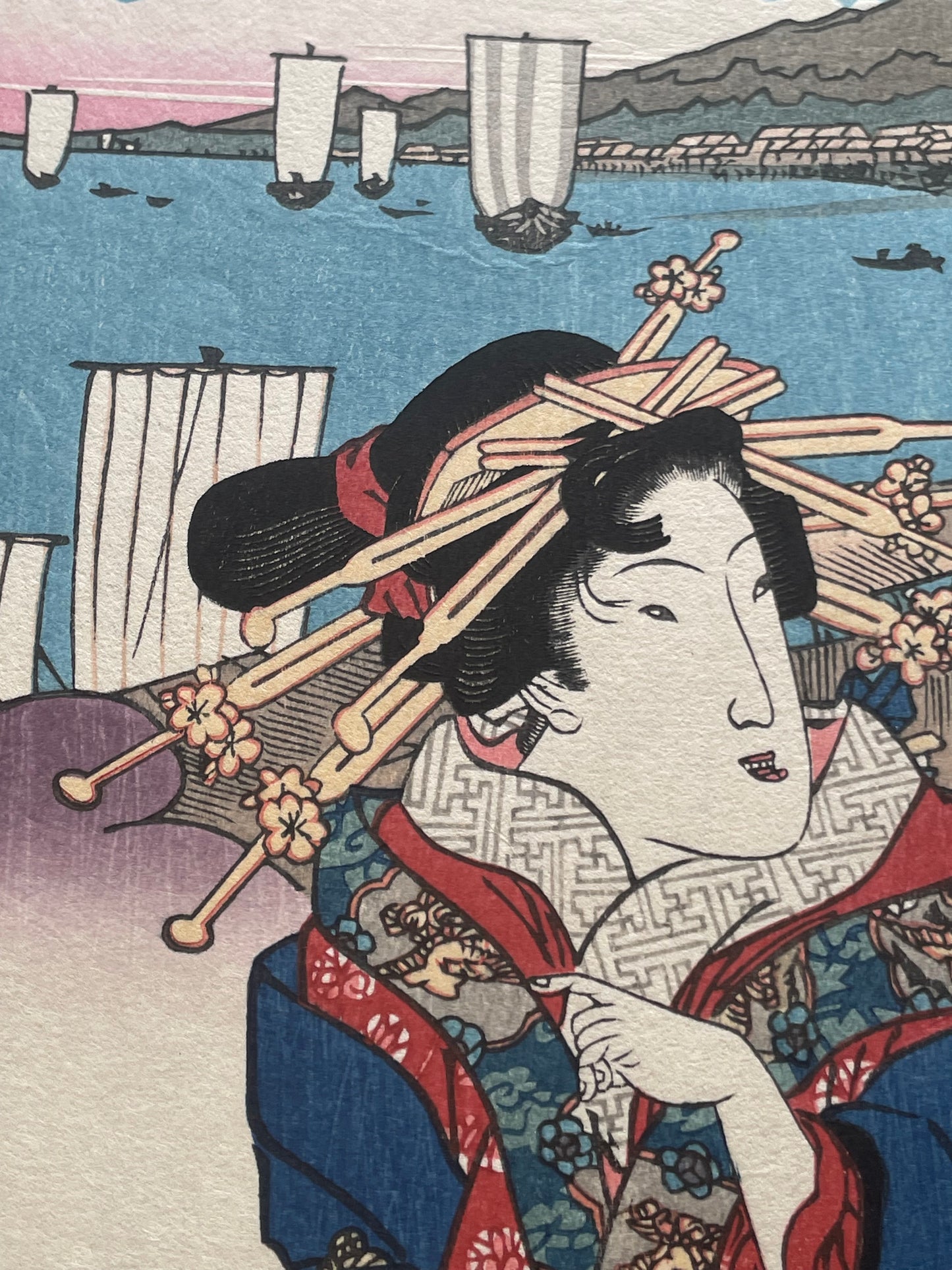 Meiji 1890s Handmade Reprint "Bijin Tōkaidō: Shinagawa Station" by Keisai Eisen (Approximately 28X40CM)