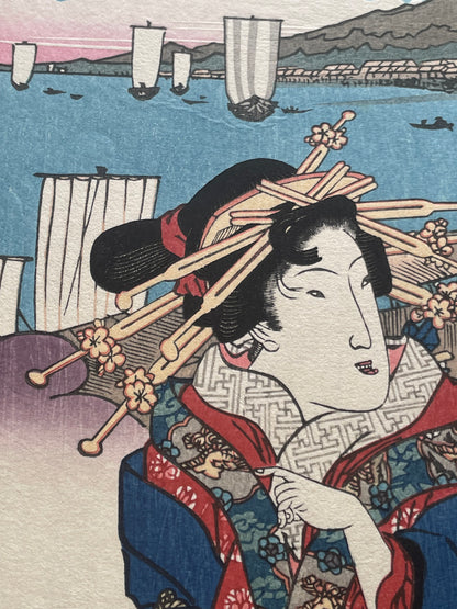 Meiji 1890s Handmade Reprint "Bijin Tōkaidō: Shinagawa Station" by Keisai Eisen (Approximately 28X40CM)
