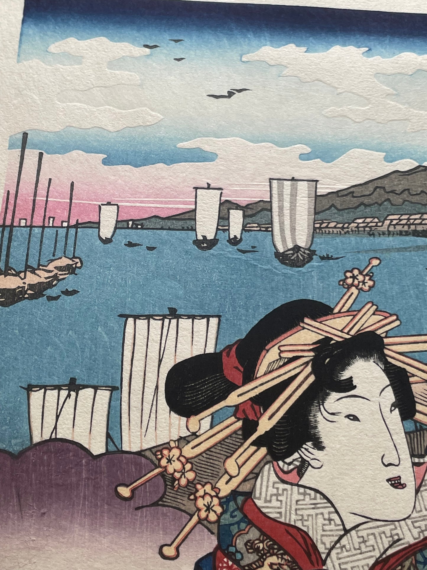 Meiji 1890s Handmade Reprint "Bijin Tōkaidō: Shinagawa Station" by Keisai Eisen (Approximately 28X40CM)
