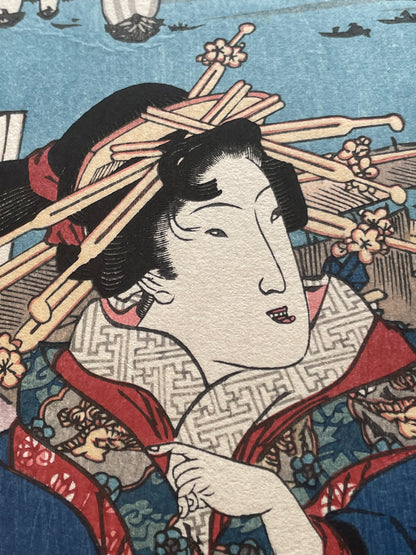 Meiji 1890s Handmade Reprint "Bijin Tōkaidō: Shinagawa Station" by Keisai Eisen (Approximately 28X40CM)