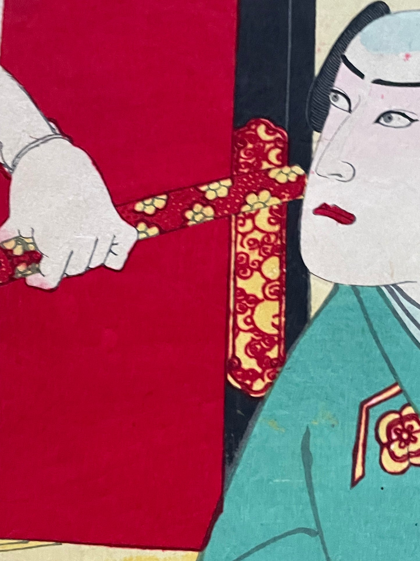 Meiji 1883–1887 Ukiyo-e Kabuki Actor Portrait " Ichimura Uzaemon XIII as Soga Jūrō" by Toyohara Kunichika (Approximate 25X37CM)