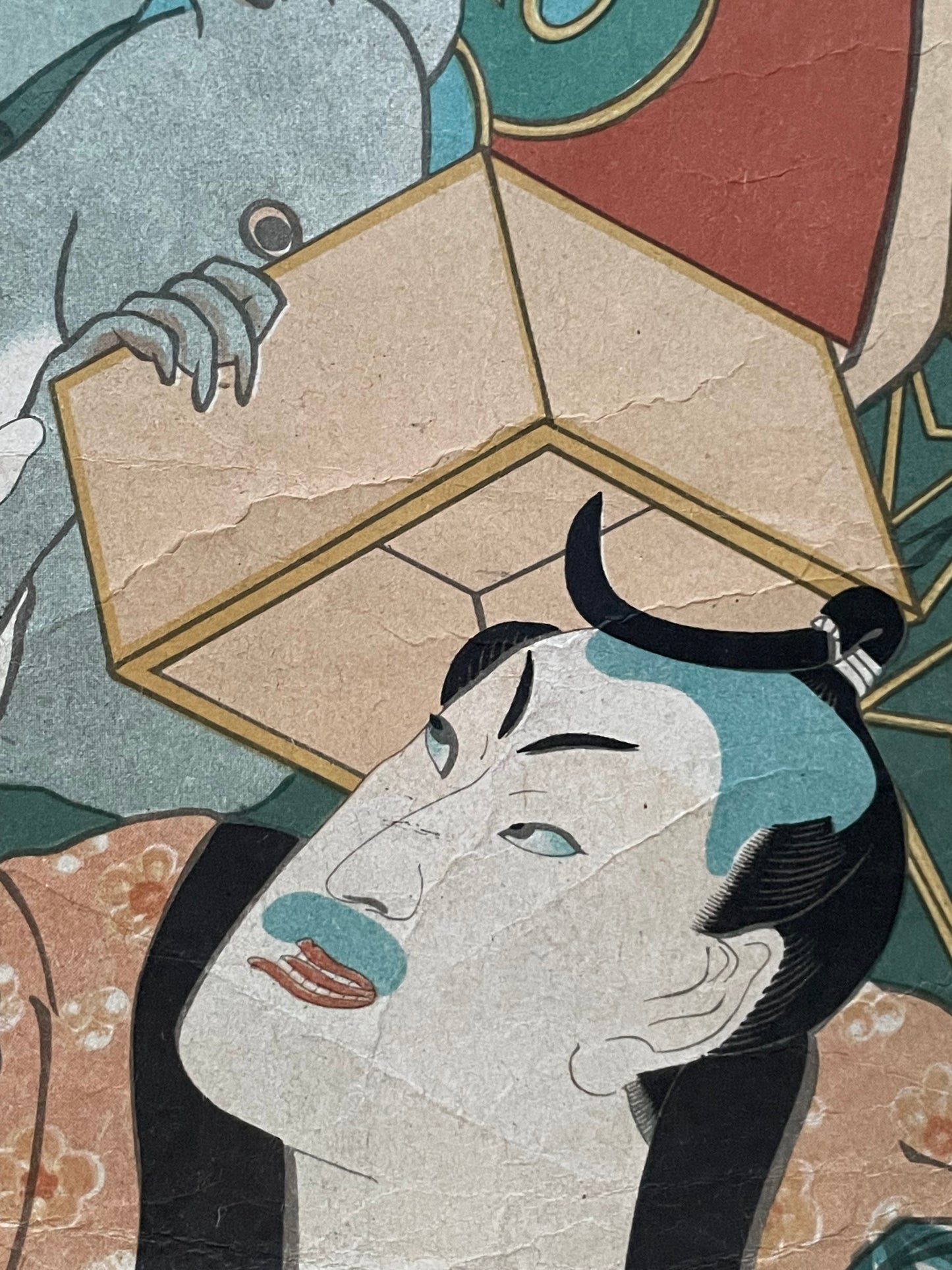 Edo 1848–1854 Comic Kabuki Print "Courtesan Confronted by a Giant Rat" by Utagawa Kunisada (Approximately 25X37CM)