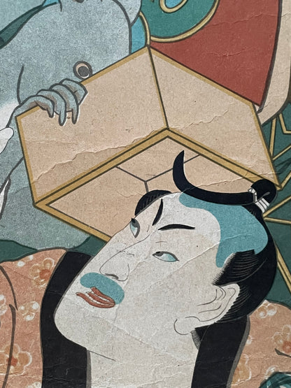 Edo 1848–1854 Comic Kabuki Print "Courtesan Confronted by a Giant Rat" by Utagawa Kunisada (Approximately 25X37CM)