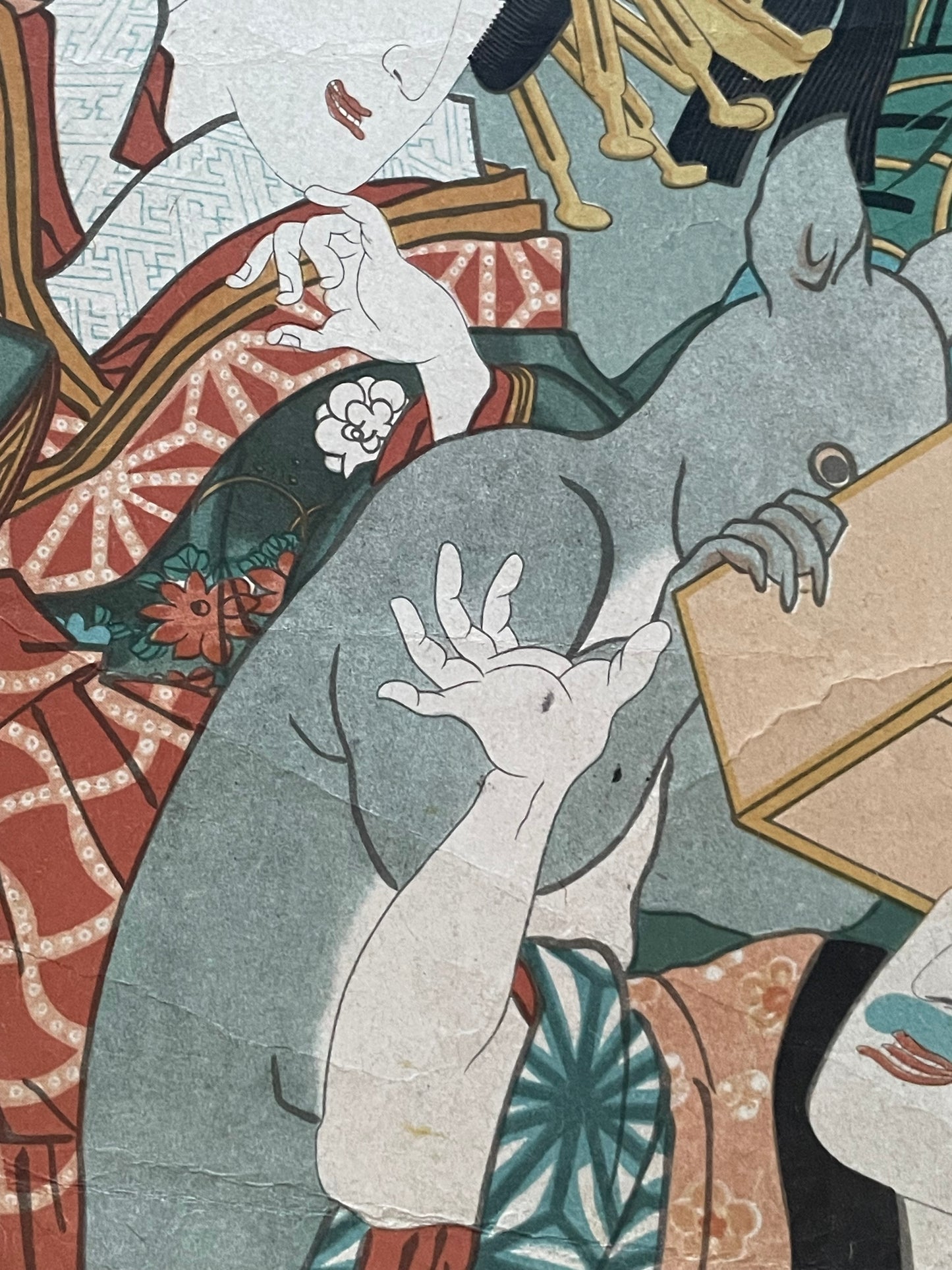 Edo 1848–1854 Comic Kabuki Print "Courtesan Confronted by a Giant Rat" by Utagawa Kunisada (Approximately 25X37CM)
