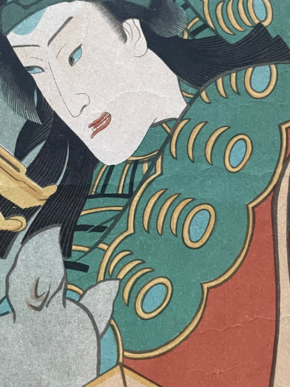 Edo 1848–1854 Comic Kabuki Print "Courtesan Confronted by a Giant Rat" by Utagawa Kunisada (Approximately 25X37CM)