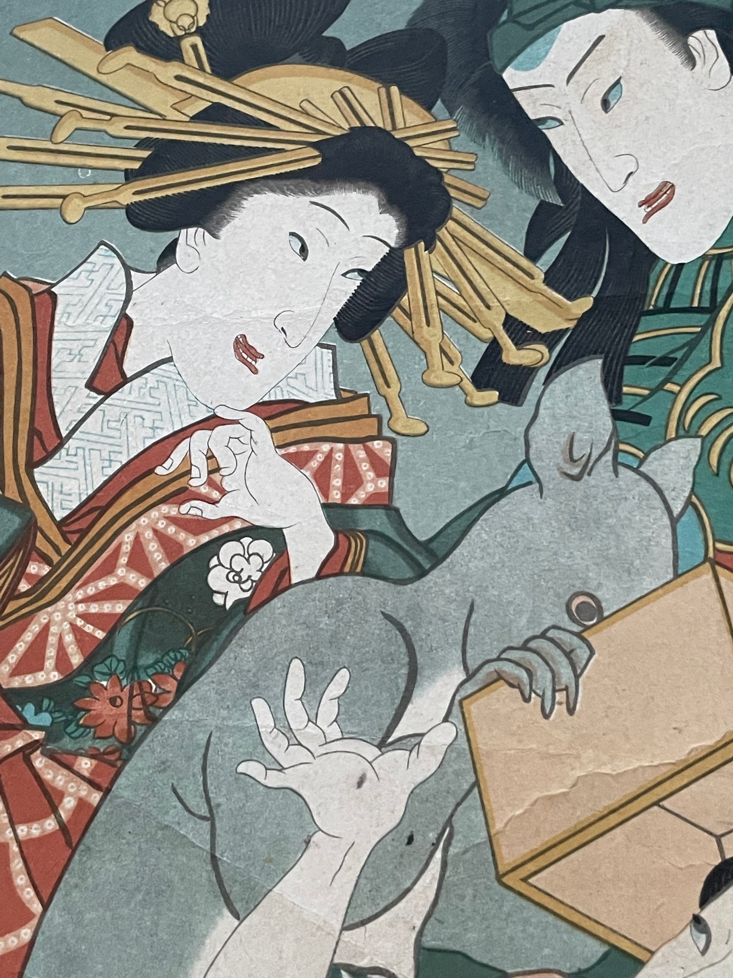 Edo 1848–1854 Comic Kabuki Print "Courtesan Confronted by a Giant Rat" by Utagawa Kunisada (Approximately 25X37CM)