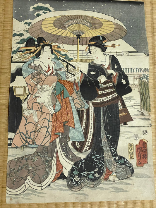 Edo 1847–1852 Ukiyo-e "First Snow – Courtesans" Tamoiro Series by Utagwa Kunisada (Approximately 25X37CM)