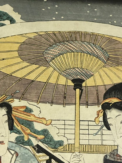 Edo 1847–1852 Ukiyo-e "First Snow – Courtesans" Tamoiro Series by Utagwa Kunisada (Approximately 25X37CM)