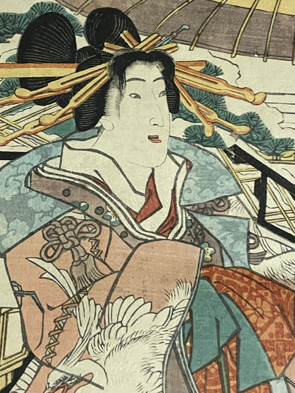 Edo 1847–1852 Ukiyo-e "First Snow – Courtesans" Tamoiro Series by Utagwa Kunisada (Approximately 25X37CM)