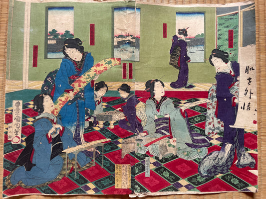 Meiji 1868 Ukiyo-e "Spring of the Dawn Crow" by Utagawa Yoshitora (37X47CM)