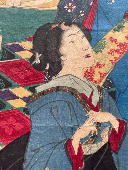 Meiji 1868 Ukiyo-e "Spring of the Dawn Crow" by Utagawa Yoshitora (37X47CM)