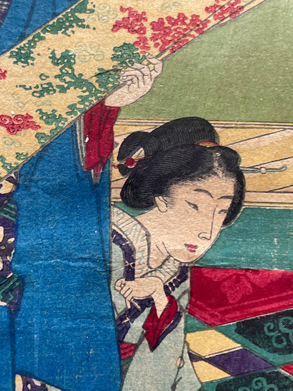Meiji 1868 Ukiyo-e "Spring of the Dawn Crow" by Utagawa Yoshitora (37X47CM)