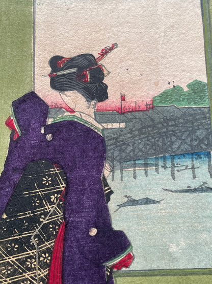 Meiji 1868 Ukiyo-e "Spring of the Dawn Crow" by Utagawa Yoshitora (37X47CM)