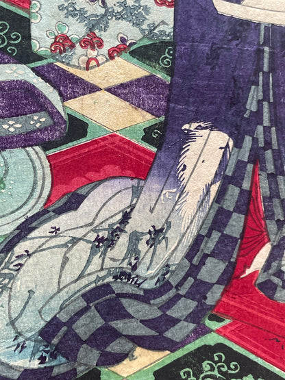 Meiji 1868 Ukiyo-e "Spring of the Dawn Crow" by Utagawa Yoshitora (37X47CM)