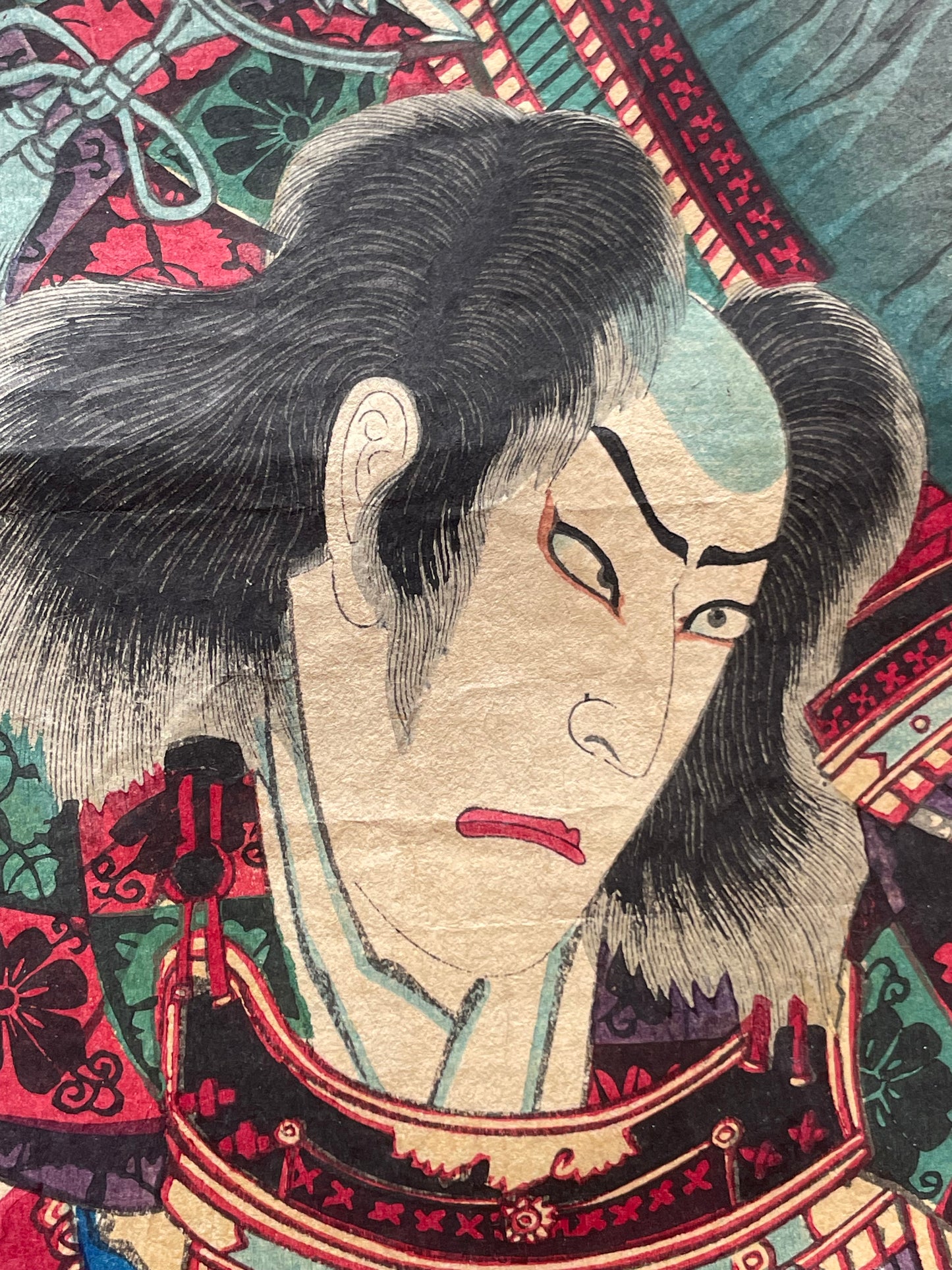 Meiji 1883 Ukiyo-e "Kabuki Actors in Samurai Armor" by Toyohara Kunichika (Approximately 37X47CM)