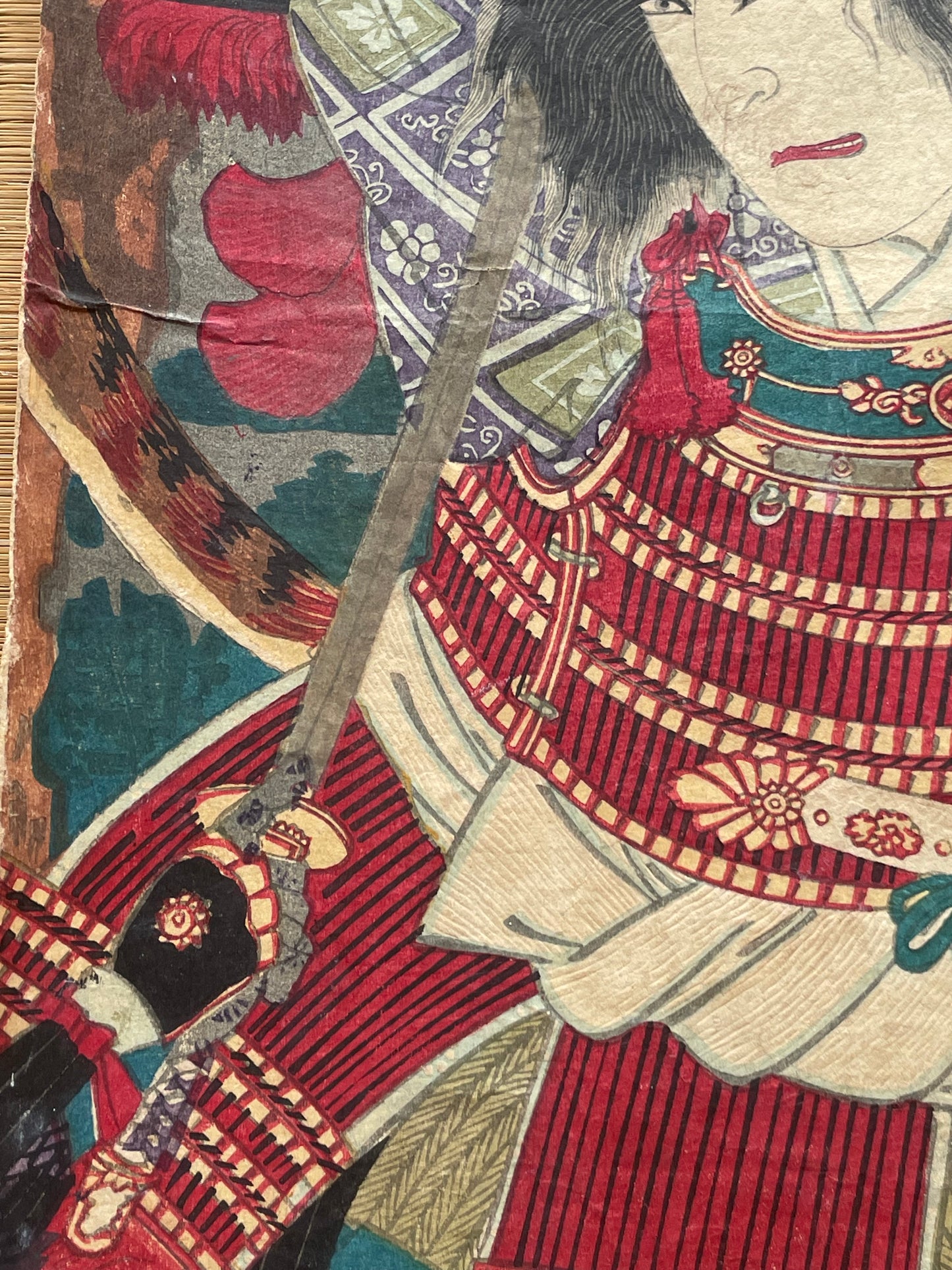 Meiji 1883 Ukiyo-e "Kabuki Actors in Samurai Armor" by Toyohara Kunichika (Approximately 37X47CM)