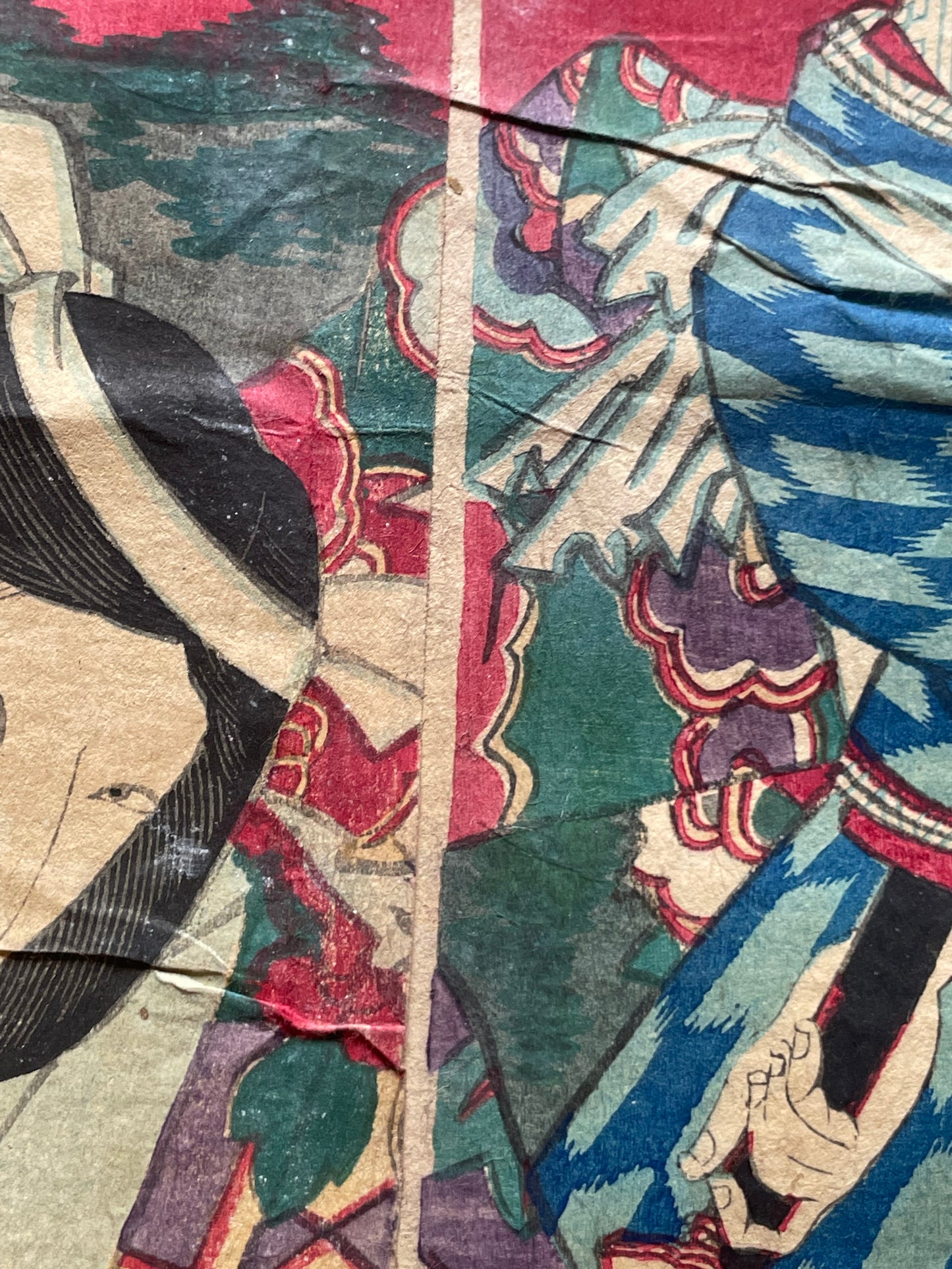 Meiji 1883 Ukiyo-e "Kabuki Actors in Samurai Armor" by Toyohara Kunichika (Approximately 37X47CM)