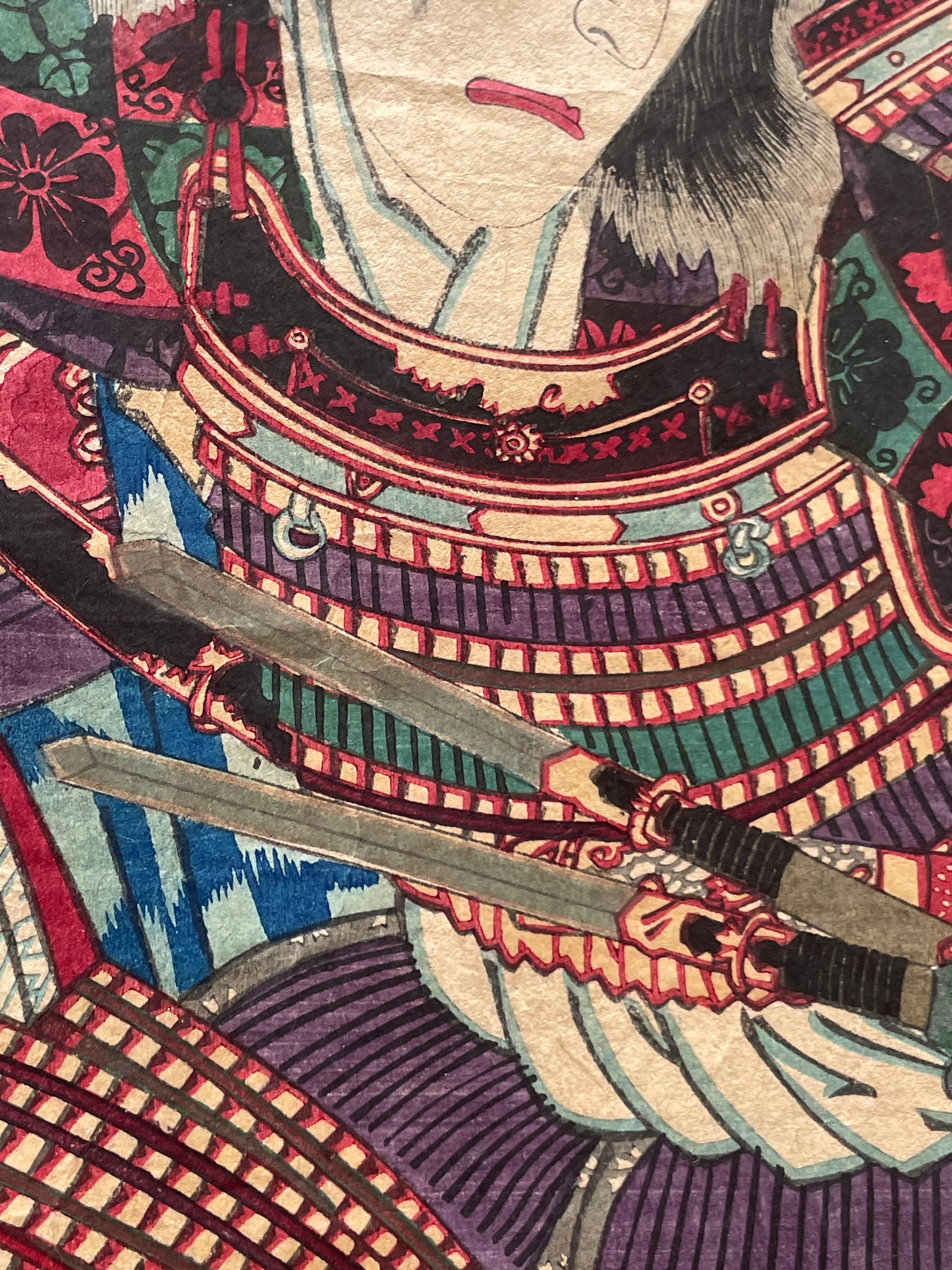 Meiji 1883 Ukiyo-e "Kabuki Actors in Samurai Armor" by Toyohara Kunichika (Approximately 37X47CM)