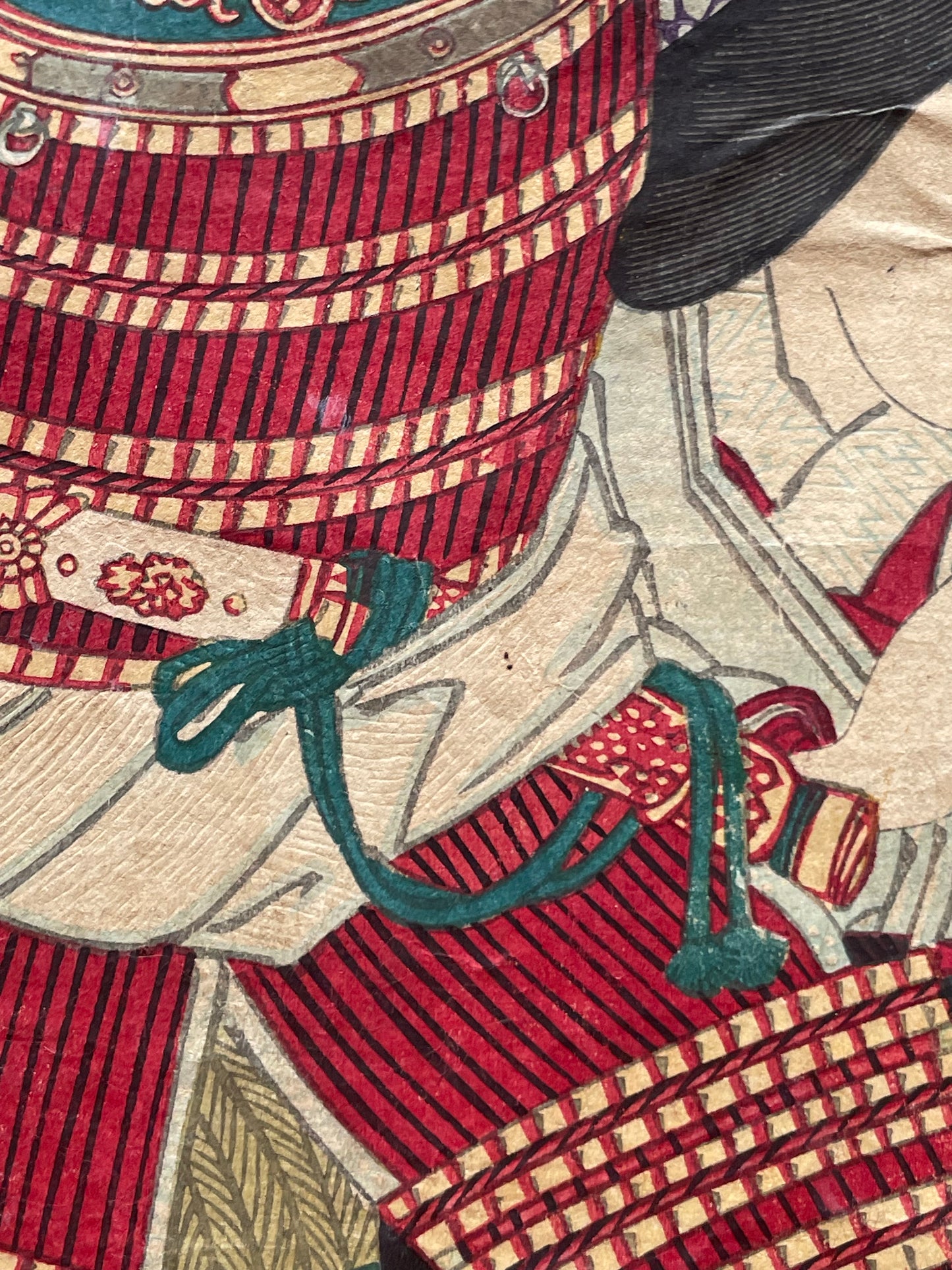 Meiji 1883 Ukiyo-e "Kabuki Actors in Samurai Armor" by Toyohara Kunichika (Approximately 37X47CM)