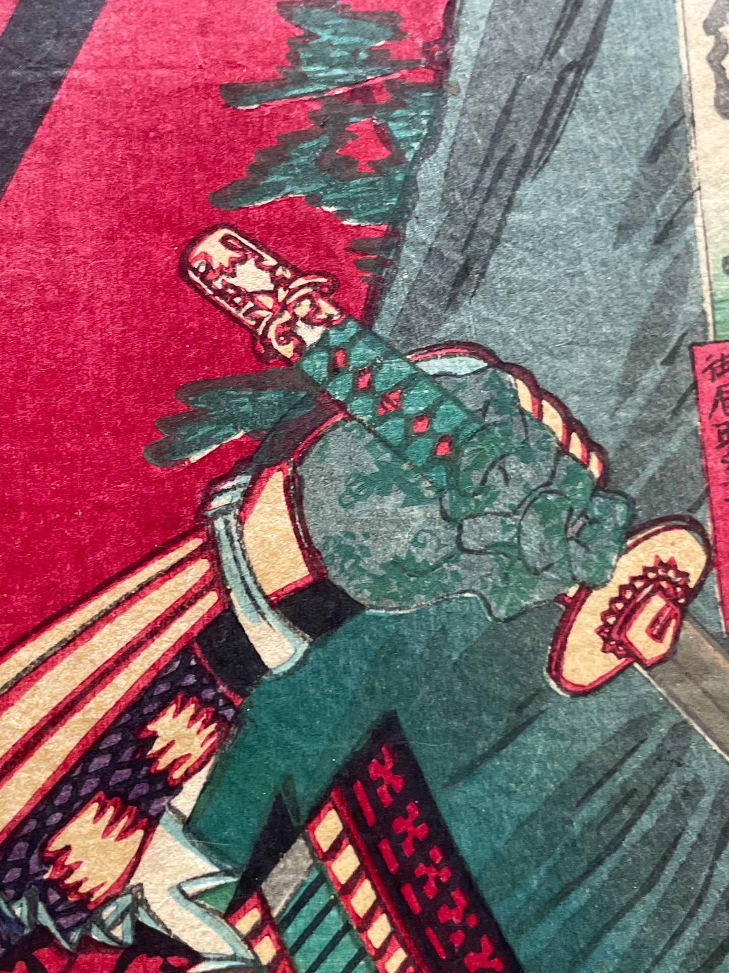 Meiji 1883 Ukiyo-e "Kabuki Actors in Samurai Armor" by Toyohara Kunichika (Approximately 37X47CM)