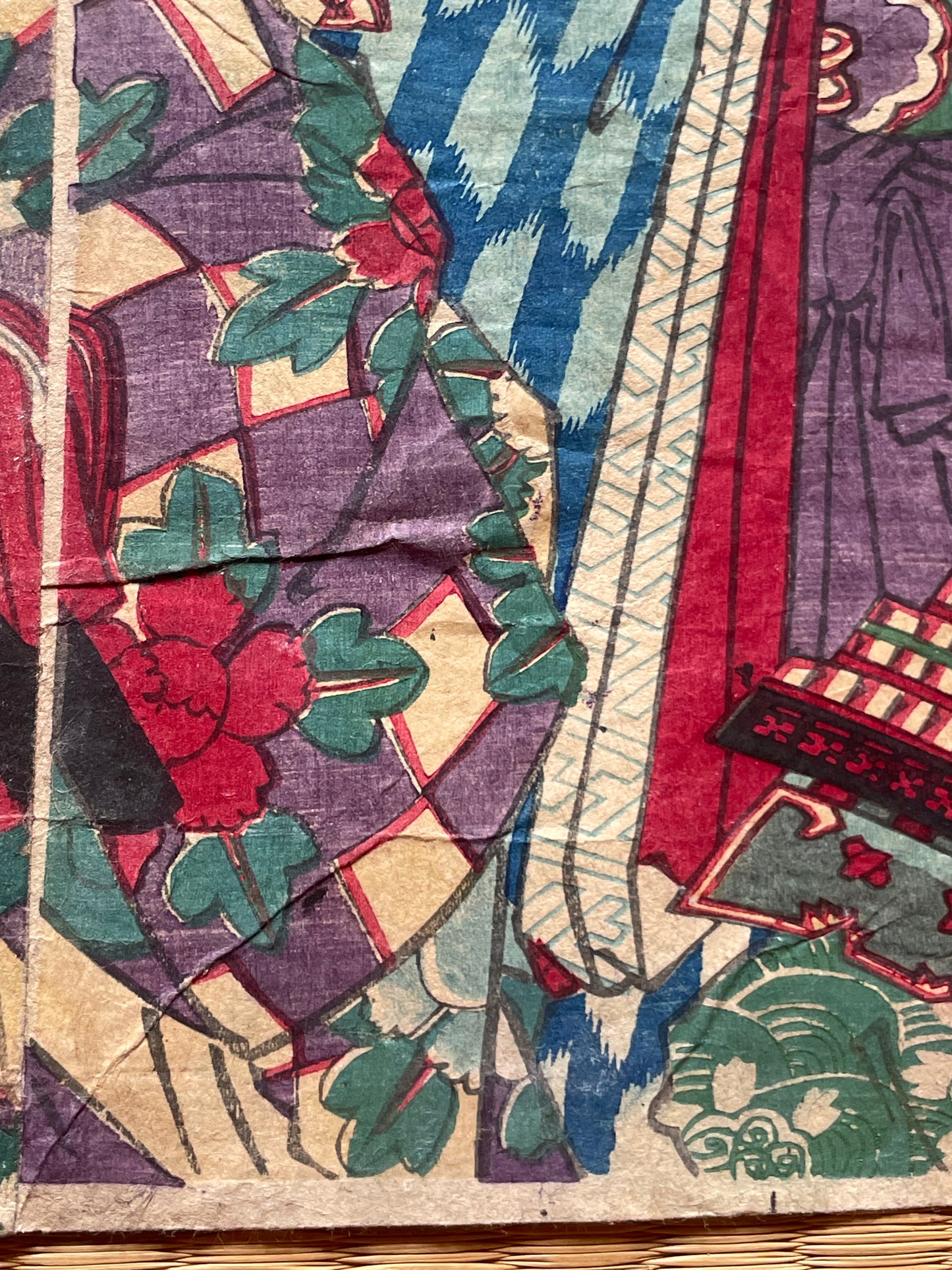 Meiji 1883 Ukiyo-e "Kabuki Actors in Samurai Armor" by Toyohara Kunichika (Approximately 37X47CM)