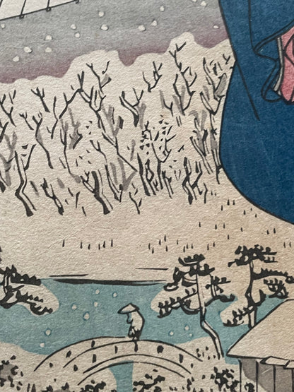 Edo 1847–1852 Ukiyo-e Ueno Shinobazu Pond in Snow – Winter Landscape Diptych by Utagawa Kunisada (Approximately 38X48CM)