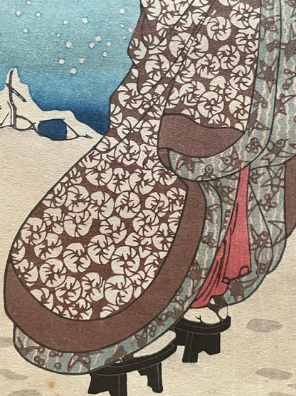 Edo 1847–1852 Ukiyo-e Ueno Shinobazu Pond in Snow – Winter Landscape Diptych by Utagawa Kunisada (Approximately 38X48CM)